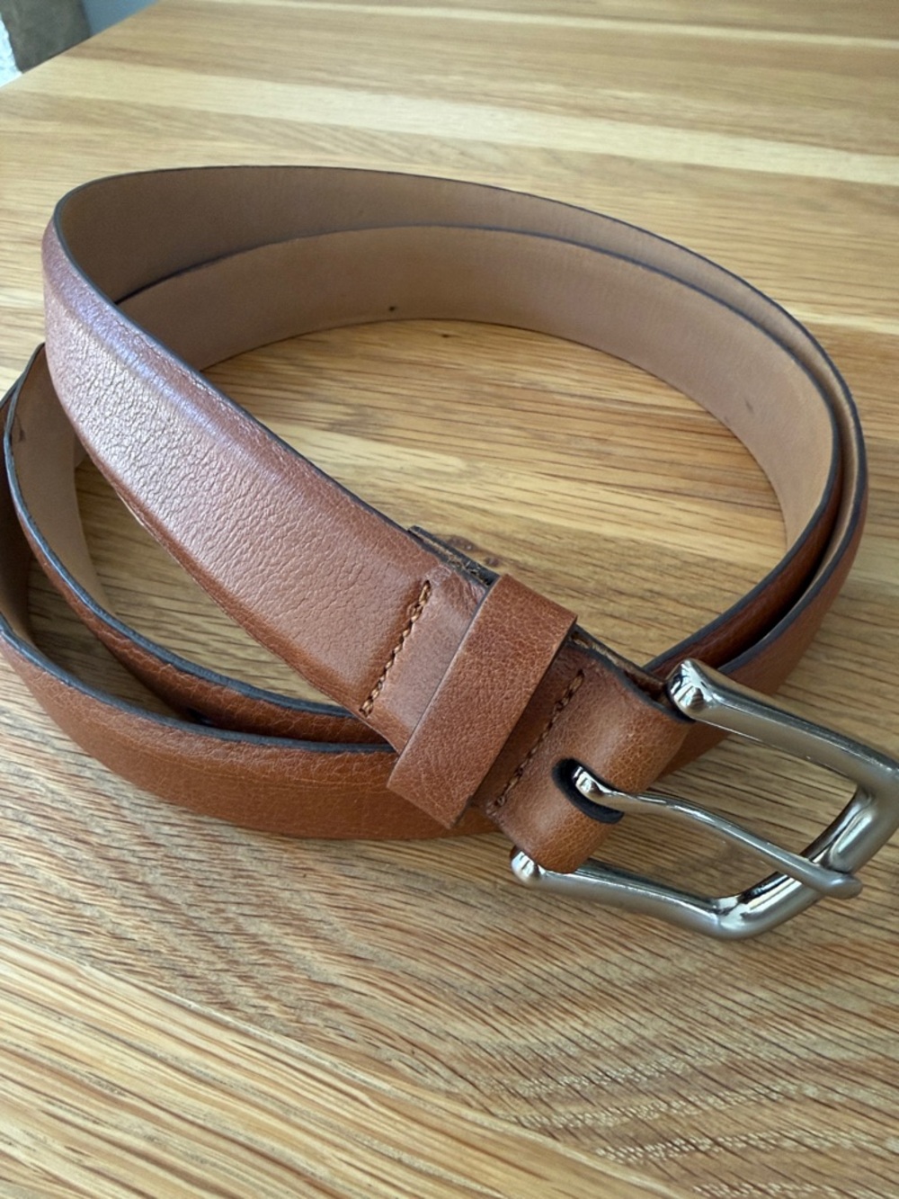 Men's Classic Tan Pebbled Leather 1.25” Belt with Silver Buckle. 46-48”